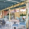 exterior beer garden with seating area
