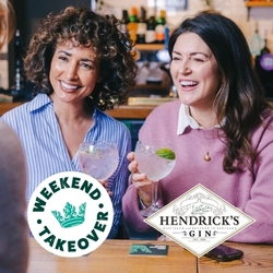 A banner featuring the circular white and green Weekend Takeover logo with a green crown in the centre, and the diamond shaped Hendrick's Gin logo on an image of two people sitting at a wooden table in a pub, holding cocktails.