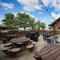 Exterior beer garden of a pub with a seating area.