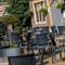 Exterior beer garden of a pub with a seating area.