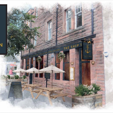 An illustration showing the exterior facade of the venue with hanging baskets, planters and outdoor wooden seating benches at The Ship Inn.