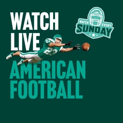 Promotional graphic for live American football featuring the text “Watch Live American Football” and “Watch Every Sunday” on a dark green background. An American football player in a green and white uniform dives forward to catch a football, with a helmet-themed logo displayed alongside the text.