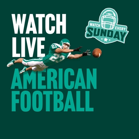 Promotional graphic for live American football featuring the text “Watch Live American Football” and “Watch Every Sunday” on a dark green background. An American football player in a green and white uniform dives forward to catch a football, with a helmet-themed logo displayed alongside the text.