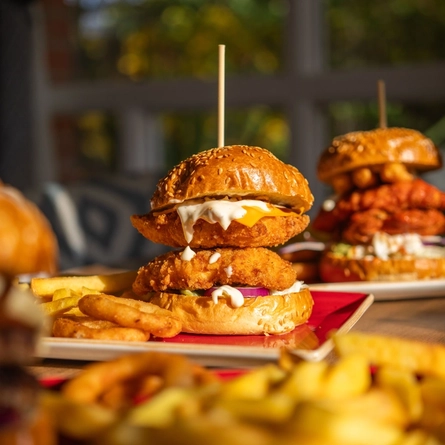 A served main Smokey Rancher burger available at Hungry Horse venues.
