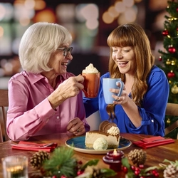 Two people sitting at a restaurant table, laughing together and holding mugs of coffee, tea or hot chocolate. Cutlery, red serviettes, and a plate of cheesecake served with a scoop of ice cream sit on the table; and a Christmas tree is visible in the background.