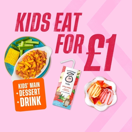 A banner showing a children's pasta dish with cucumber sticks, corn on the cob, an ice cream dessert dish and a carton of Innocent juicy water with the wording "Kids Eat For £1 - Kids Main + Dessert + Drink" to advertise an offer available at Flaming Grill venues.