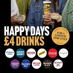 A banner advertising a limited time offer for £4 drinks from Monday-Thursday all day. The banner features the logos for Peroni, Lucky Saint, Beefeater gin, Schweppes, Coca-Cola, Fever-Tree, Belhaven Twisted Thistle, Belhaven Best, Belhaven Belter, Belhaven Black, and Belhaven 80 Shilling; and an image of people holding drinks.
