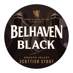The circular logo for Belhaven Black stout, on a white background.
