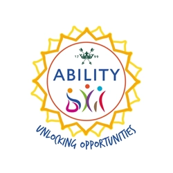 Circular logo with a yellow sunburst border. Inside the circle, the word ‘ABILITY’ appears in bold blue letters beneath a small green crest with the numbers ‘1799’. Below the word are three abstract human figures in pink, green, and red with orange, red, and blue dots for heads. Under the circle, the phrase ‘Unlocking Opportunities’ is written in curved blue text.