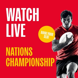 A banner with a red background featuring a rugby player and the wording "Watch Live - Nations Championship - Book Your Seat" to advertise a sporting event at Hungry Horse venues.