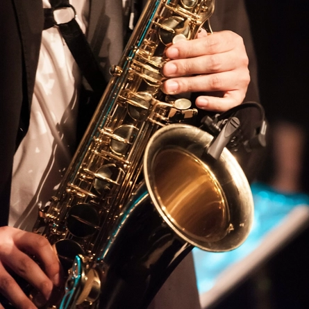 Person playing a musical instrument.