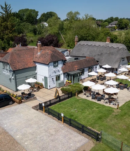 An aerial view of the Three Horse Shoes.