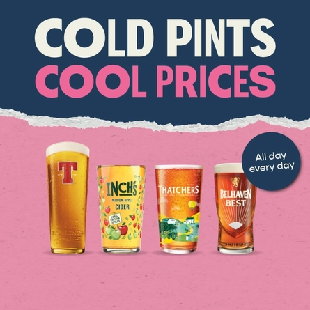 A graphic promoting 'Cold pints cool prices' at Pub & Social venues.