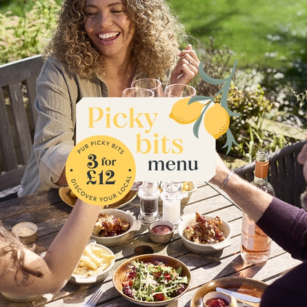A Web Homepage Promo banner showing a group of friends sat at a table within the exterior beer garden seating area enjoying drinks and Picky Bits advertising 3 for £12 Picky Bits offer at Chef & Brewer venues.