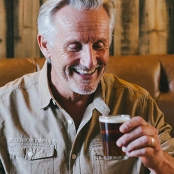 A man is seated at an indoor wooden table, sampling beers in mini Pint glasses on a Beer Flight Paddle.