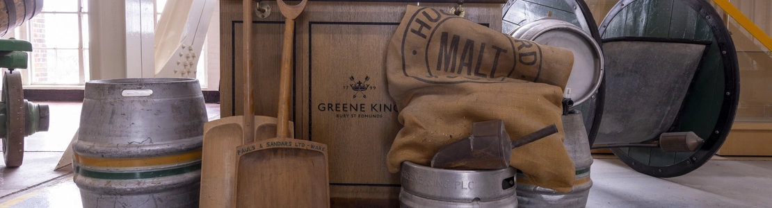 An interior shot of the historic brewery equipment of a Greene King Brewery. 