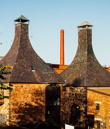 The Belhaven brewery at sunset.