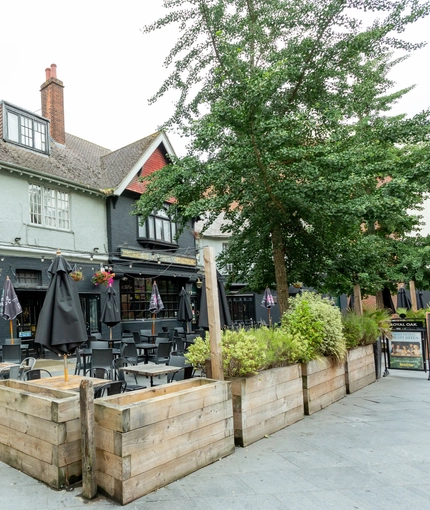 External view of a pub and beer garden