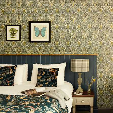 Hotel room with an image of the bed cut off.