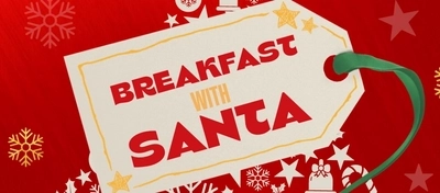 A Christmas banner promoting 'Breakfast With Santa' (Desktop) at Flaming Grill venues.