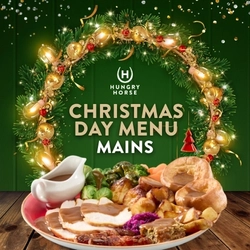 A banner promoting Christmas Day Mains at Hungry Horse venues.