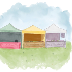 An illustration of market stalls, advertising the Nantwich food festivals.