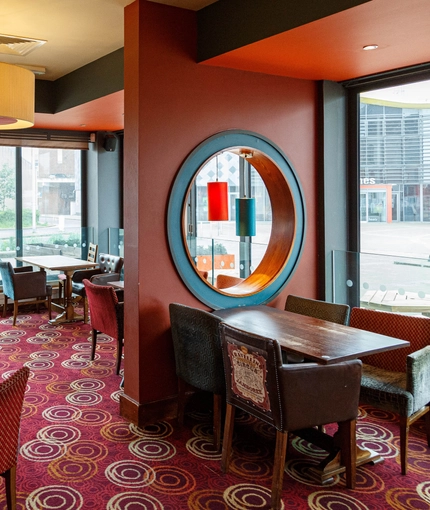 Interior dining area of a pub.