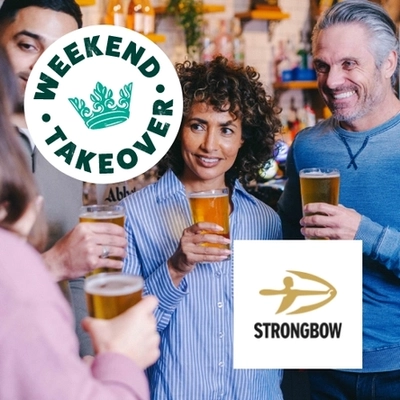 A banner featuring the square, white Strongbow logo and the circular Greene King Weekend Takeover logo with a green crown, on an image of four people in a pub, holding glasses of cider.