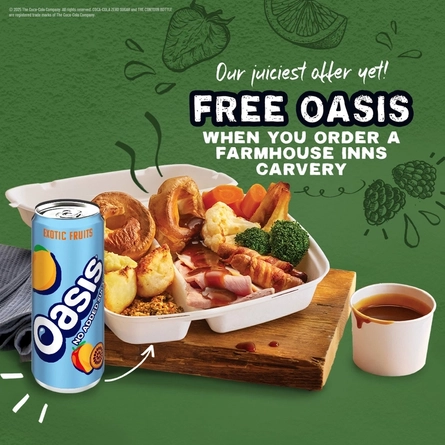 A graphic promoting a free oasis drink when you order a Farmhouse Inns carvery.