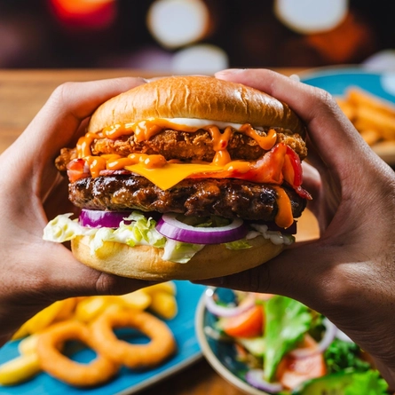 A image of a Signature Burger being held, served at Flaming Grill venues.