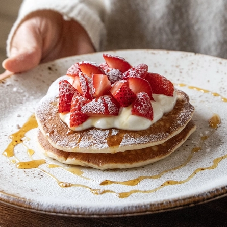 A children's Mini Pancake Stack available at Chef & Brewer venues, featuring three pancakes topped with yoghurt, strawberries and syrup, served on a plate. A person sitting at a restaurant table is holding the plate above the table.