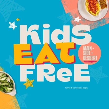 A banner promoting the 'Kids-Eat-Free' promotion at Flaming Grill venues.