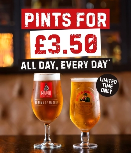 A graphic for the "Pints for £3.50" promotion at Flaming Grill.