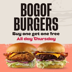 A graphic promoting buy one get one free burgers at Flaming Grill.