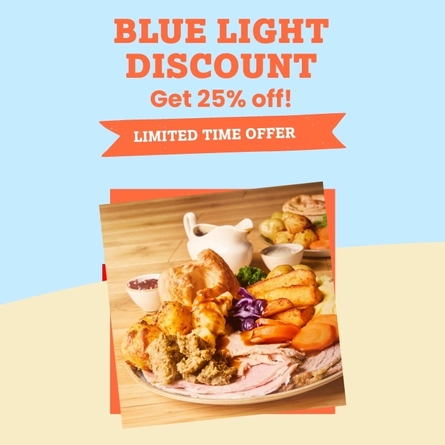 A banner advertising 25 percent off with blue light discount at Farmhouse Kitchens. 
