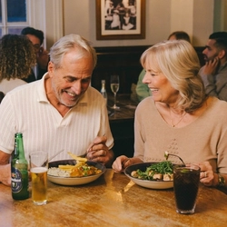 Two people sitting at a restaurant table, eating from the plates of food in front of them. Salt and pepper mills, glasses of drinks, and a bottle of Heineken 0.0% alcohol beer also sit on the table.