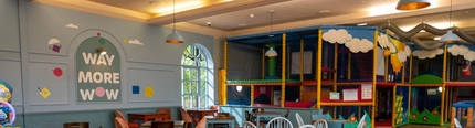 The children's seating area and play area at the Wacky Warehouse at The Stanley Ferry.