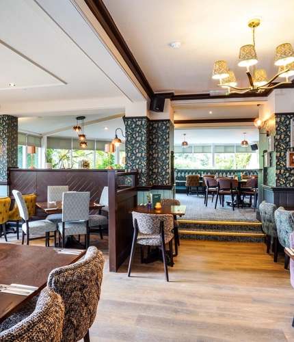 The interior restaurant seating area at The Two Greens.