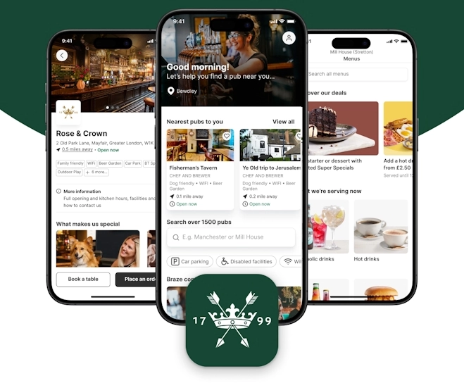 A screenshot showing three app screns.