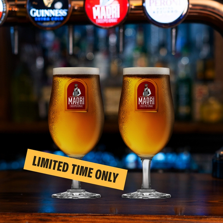 A banner showing the words "Limited Time Only" on an image of two pints of Madri in stemmed pint glasses, standing on the bar in a pub.