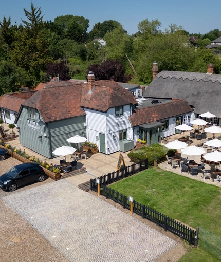 An aerial view of the Three Horse Shoes.