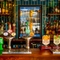 A close up view of the beer taps and golden drinks trays on the bar inside The Windmill Inn.