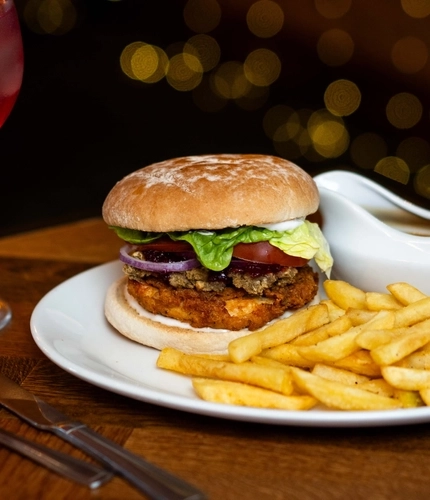 A burger and chips