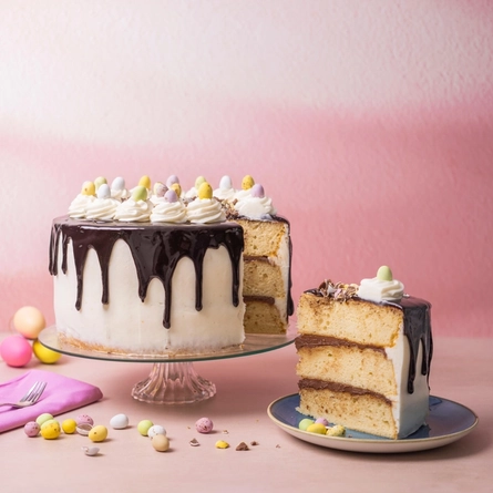 A Choccie Eggsplosion cake topped with piped icing and chocolate mini eggs, served on a cake stand. The cake stand is surrounded by Easter egg ornaments, chocolate mini eggs, a fork on a napkin, and a slice of the cake served on a plate.