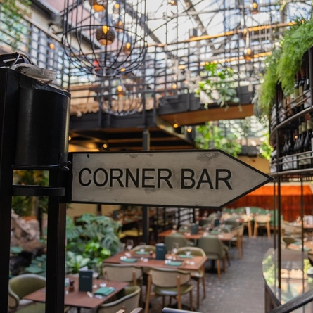 The interior signage for the 'corner bar' in the restaurant and seating area at the Ubiquitous Chip.