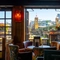 An interior restaurant seating area at The Anchor Bankside in Southwark; with upholstered chairs, wall lights on the wood panelled walls, and open doors leading out into the beer garden overlooking the River Thames.