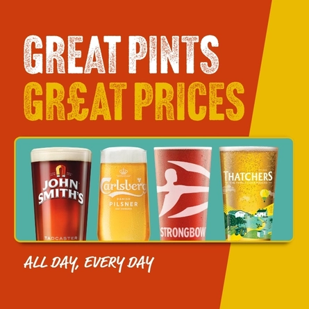 A graphic promoting 'great pints great prices' at Proper Locals.
