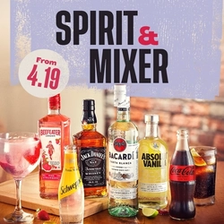 A banner promoting 'Spirit & Mixer' (ENG/SCOT) card collection from £4.19 at Flaming Grill venues.