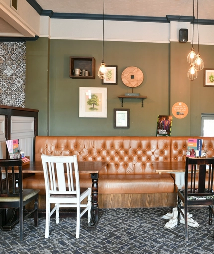 Interior dining area of a pub.