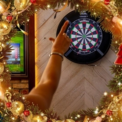 A graphic banner promoting festive darts sports at Hungry Horse venues.